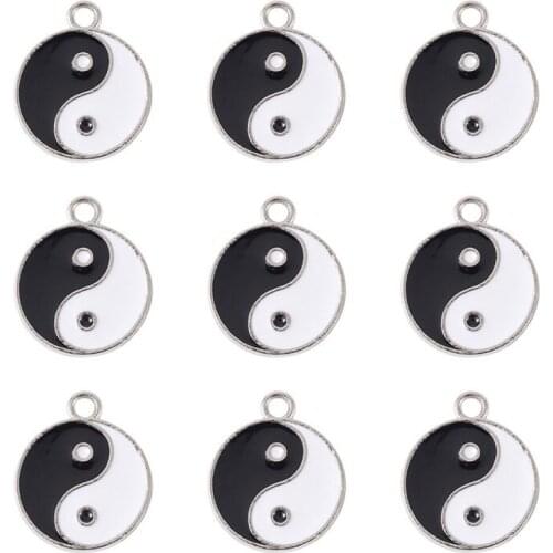 20pcs Alloy Enamel Pendants Yin Yang Taiji Trigram White Black for Jewelry Making DIY Bracelet Necklace 21x18x2mm Hole: 2mm