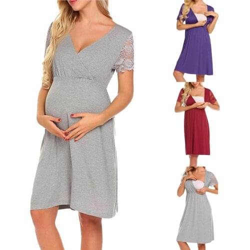 2021 Summer Casual comfortable dress Women Sexy Slim Cross Women Maternity Nursing Baby Nightgown Solid Color Breastf hot sale