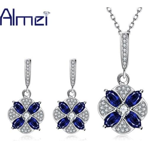 Almei Blue Zircon Jewelry Set Joyeria Parure Bijoux Femme Valentines Day Crystal Gift Women Wedding Bride Accessories S099-A