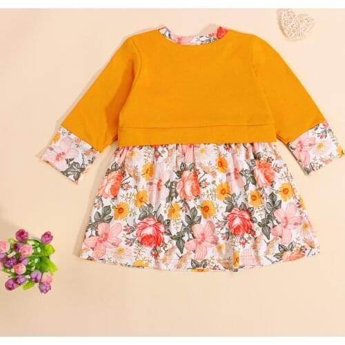 Kids Dress Girls Flower Print Round Neck Long Sleeve Stitching For Summer Fall, Yellow, 6 Months-4 Years 2021 New Fashion