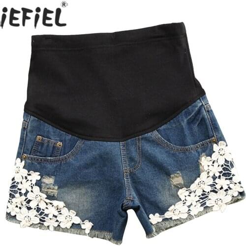 Maternity Denim Shorts For Pregnant Women Summer High Waist Support Belt Lace Pearl Jeans Loose Pants For Pregnancy Clothing
