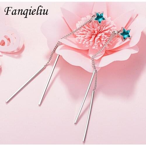 Fanqieliu Long Dangle Double Tassel Chain Star Crystal 925 Sterling Silver Drop Earrings Women For Wedding FQL21048