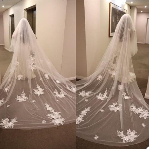 Ivory White Bridal Veil Lace Appliques Beads One Layer Luxury Cathedral Length 3M Brides Wedding Veils Shawl With Comb