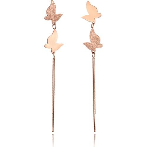 Glossy & Matte Butterflies Tassel Earrings Asymmetrical Jewelry Stainless Steel Rose Gold Earrings Mothers Day JE18103