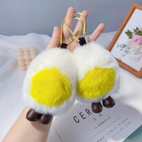 Creative Design Soft Touch Rex Rabbit Real Fur White Yellow Contrast Poached Egg Shape Keychain Key Bag Ornaments Women Gifts