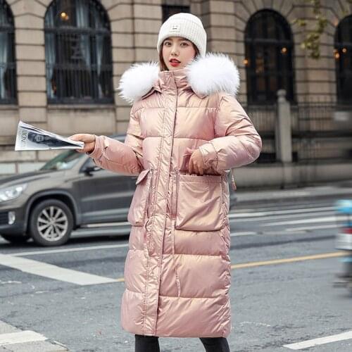 Fashion Women Down cotton Jackets Winter Long Fur Collar Hooded Casual Glossy Silver Parkas Thick Jackets Women pocket Outwear