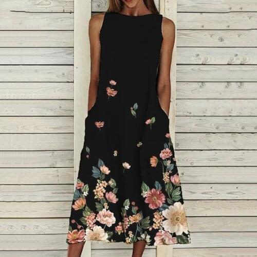 Summer Dress Women Floral Print A-Line Party Dresses Femme Robe Round Neck Sleeveless Long Dress For Women Loose Pocket Vestidos