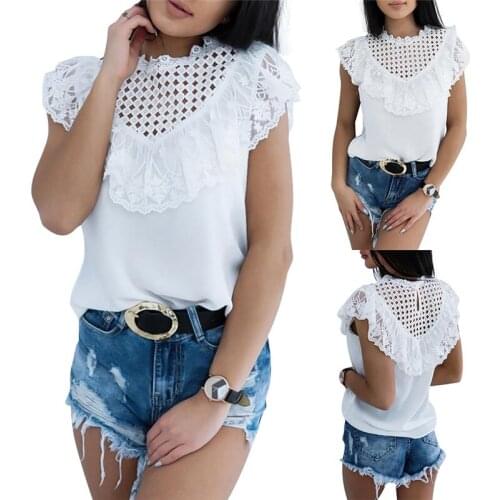 Women Tops Hollow Out Lace Blouse Short Sleeve Patchwork 2020 Summer Femme Harajuku Ladies Casual Ruffles Girls Sweet Cute Tops