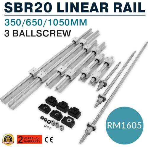 Miniature Linear Rail Guide Linear Rail+3 Ball Screw RM1605-350/650/1050mm Linear Rail SBR20 for CNC Router/Grinding Machine