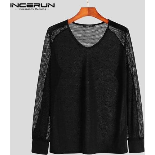 INCERUN 2021 Fashion Men T Shirt Mesh Patchwork See Through V Neck Long Sleeve Sexy Tops Streetwear Party Nightclub T-shirts 7