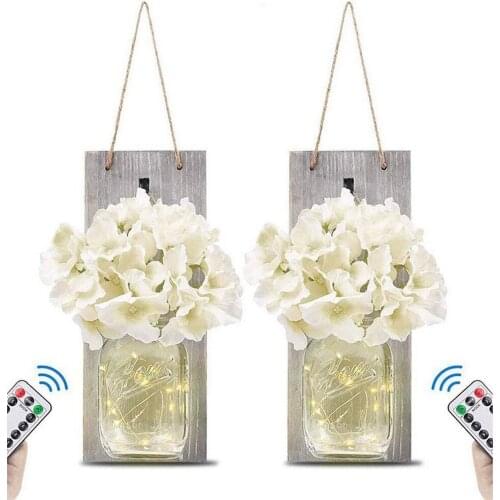 2pcs/set Wall Light White Wooden Board Mason Jar Sconces Upgrade Remote Control Function Waterproof DIY Home Wall Decoration