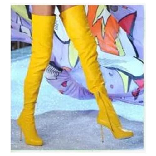 2018 Newest Fashion Yellow Leather Zipper Heel Over-the-Knee Boot Thigh High Design Pointed Toe Boot Long Sexy Party Boot