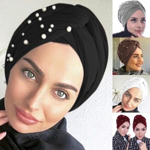 2021 New Velvet Turbans For Women Pearls Turban Femme Musulman Womens Head Scarf Turban Cap Winter Indian Hat Turbante Mujer