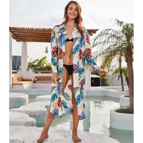 Sexy Bikini Cover-ups Cotton Tunic Boho Printed Summer Beach Dress Elegant Women Plus Size Beach Wear Swim Suit Cover Up Q1119