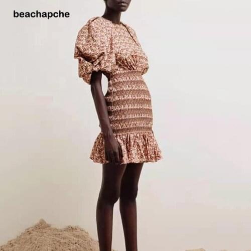 Beachapche Patchwork Ruffle Dresses For Female O Neck Puff Short Sleeve High Waist Slimming Hollow Out Women'elegant Dress Tide