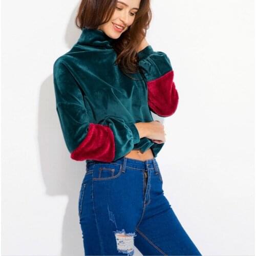 Casual Corduroy Patchwork Turtleneck hoodies White Red Patchwork Sweatshirts Turtleneck Corduroy hoodies for Women Vintage Tops