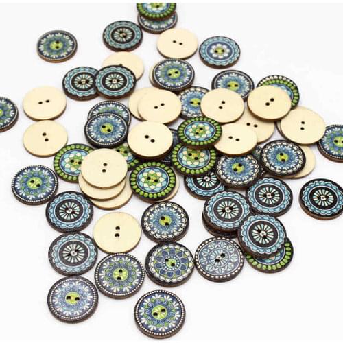 50pcs/lot 25mm Natural Wood Button Printed Retro Style Sewing clothing children Craft Scrapbooking Accessorie