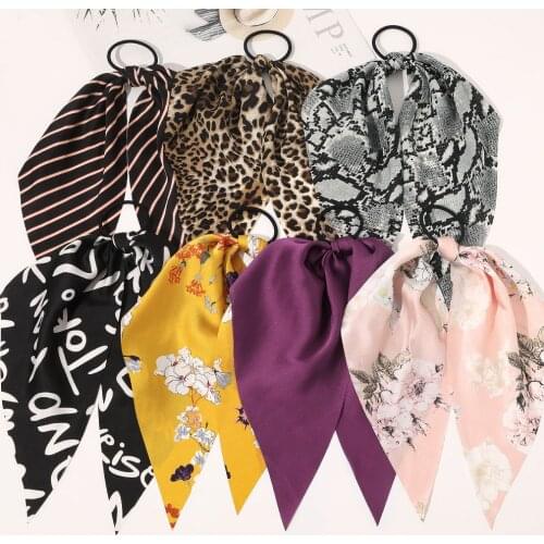 Fashion Floral Print Bow Satin Long Ribbon Ponytail Scarf Hair Tie Scrunchies Women Girls Elastic Hair Bands Hair Accessories
