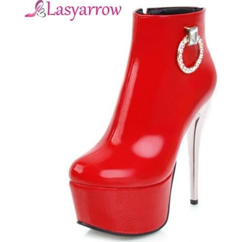 Lasyarrow Sexy Womens Boots Patent Leather Shoes Woman Womens Stiletto Boots Ladies Thin High Heels Botas Feminina Rhinestone