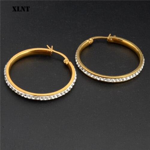 XLNT Personality Super Crystal Circles Hoop Earrings For Women Fashion Gold Color Jewelry Stainless Steel Round Circle Earring