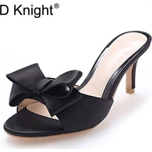 2020 New Design Bow Open Toe Thin High Heel Slippers Summer Outdoor Slip On Dress Shoes Ladies Elegant Slides Sandal Women Mules