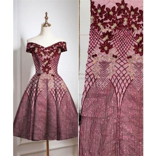 XW06# 5yards/Lot Wine Red Sequin Embroidery Tulle Mesh French Lace Fabric For Sawing Wedding Bridal Dress/Occasion