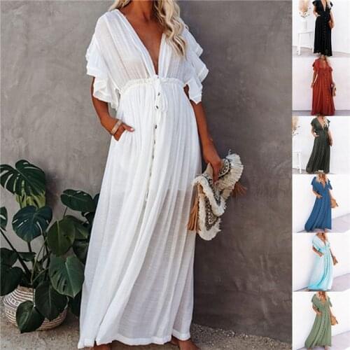 Women Sexy Swimwear Cover-ups Long White Tunic Casual Summer Beach Dress Elegant Plus Size Beach Wear Swim Suit Cover Up