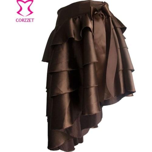 Corzzet Steampunk Skirts Womens Black&Brown Skirts Basic Vintage Long Low Waist Joint Ruffles Gothic Skirt