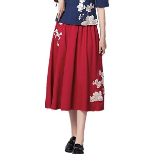 2021 New Spring Summer Women High Waist Slim Midi Long Skirt Vintage Chinese Style Flowers Embroidery Cotton Linen Skirt