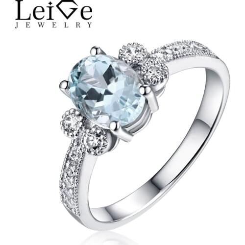 Leige Jewelry Fine Rings for Women Natural Aquamarine Ring Blue Gemstone Oval Cut 925 Sterling Silver Anniversary Gift