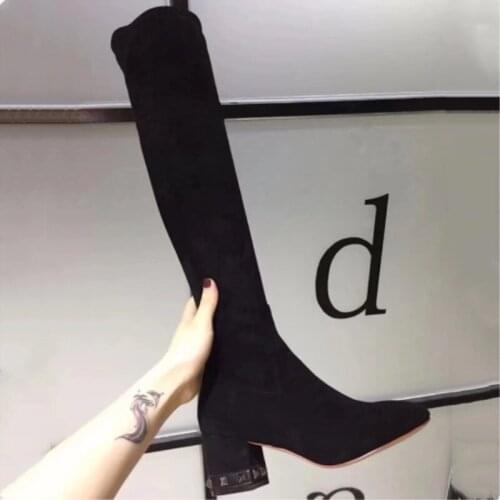 The mNew rivet high heel womens boots sexy fashion designer shoes over knee boots elastic thick heel boots platform shoes women