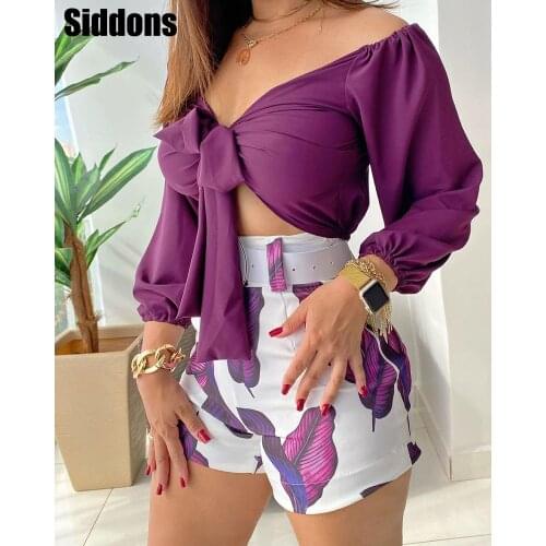 Spring Women V Neck Floral Print Tie Front Crop Top & Leaves Print Shorts Set Women Chic Sets 2 Piece Set