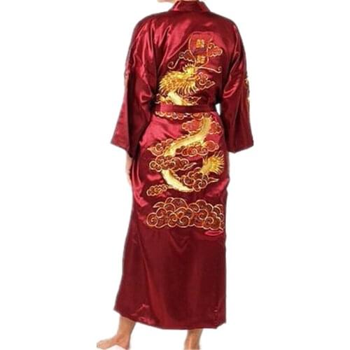 Hot Sale Burgundy Chinese Men Silk Satin Robe Novelty Traditional Embroidery Dragon Kimono Yukata Bath Gown Size M L XL XXL XXXL