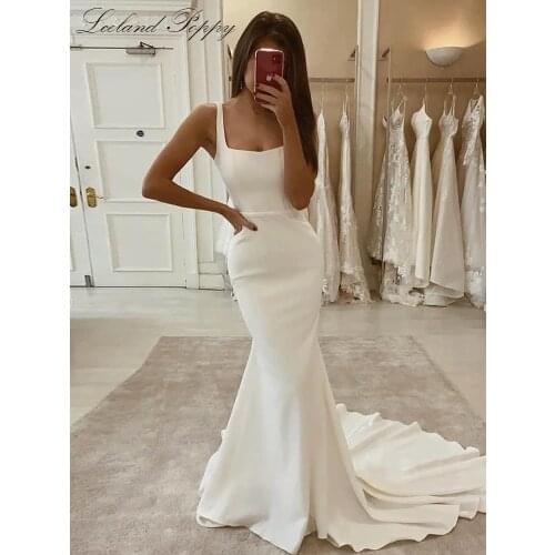 Lceland Poppy Mermaid Satin Wedding Dresses 2021 Square Neck Sleeveless Vestido de Novia Backless Bridal Gowns Court Train