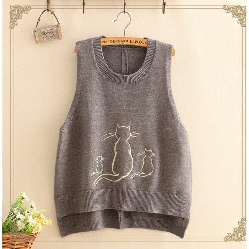 Autumn Kawaii Cat Printed Women Pullovers Sleeveless Waistcoats Irregular Knitted Tops Loose Vest Sweater Women Outerwear Sueter