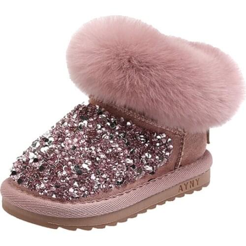 0-3 Years Children Snow Boots Rhinestone Warm Plush Zip Ankle Princess Girls Boots Fashion Toddler Baby Shoes