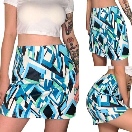Womens Bodycon Mini Skirts, Trendy Geometric Print High Waist Zip Up A-Line Short Skirts