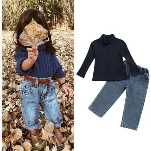 FOCUSNORM 2-7Y Autumn Infant Kids Girls Clothes Sets Solid Knit Long Sleeve Turtleneck Sweater Tops Denim Pants