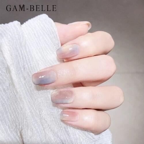 GAM-BELLE Purple Blooming Fake Nails with Designs Artificial Nail Tips French False Press On Nails Art Tool Manicure Accessories