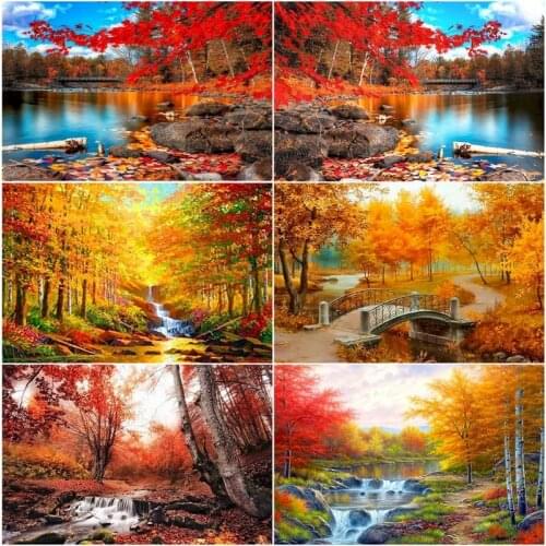 GATYZTORY Painting By Number Autumn Scenery Tree Drawing On Canvas HandPainted Art Gift DIY Pictures By Number Bridge Kits Home