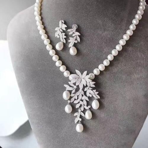 Jewelry set natural fresh water pearl pendant necklace and drop earring set 925 sterling silver with cubic zircon