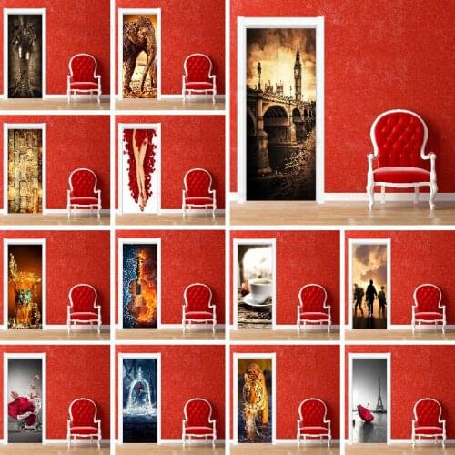 Creative Abstract Landscape Sticker On The Door Self Adhesive Wallpaper Diy Guitar Beer Picture Mural Renovation Home Decor