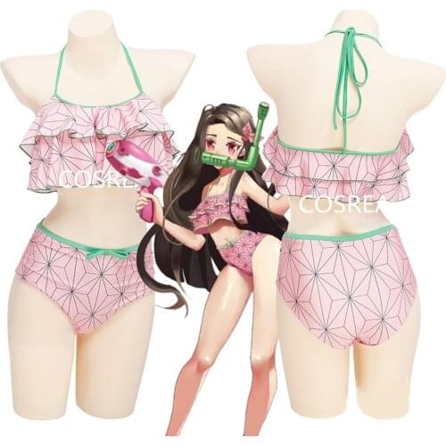 Kamado Nezuko Swimsuit Anime Demon Slayer Kimetsu No Yaiba Cosplay Costume Sexy Bikini Beach Swimwear Set Women Girls Summer