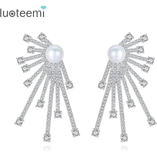 LUOTEEMI Luxurious Big Shining Spark Shape Stud Earrings Micro Paved CZ with Single Imitation Pearl Brincos for Women Wedding