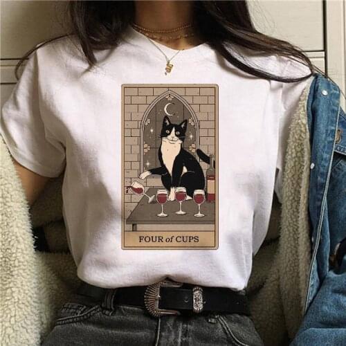 Fashion Women Tarot Cat T-shirts Print Funny Cute Cartoon Womens Clothing Female Graphic T Shirt White Casual Summer Tee Shirt