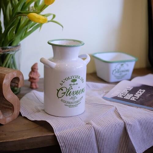 New French Country Chic Enamel Vintage Style WHITE MILK CAN Vase Pot Bucket