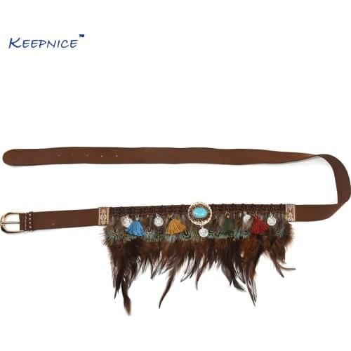 New Ethnic Belt For Women Gypsy Hippie Bohemian Leather Belt Cummerbund For Women Rhinestone Feather Tassel Pendant Belt