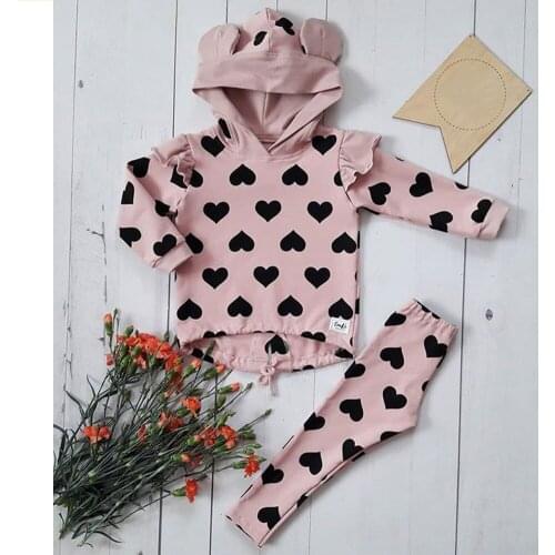 Autumn 1-5Y Kids Toddler Baby Girl Clothes Sets Print Kid Top Ear Hooded Pullover + Trousers Pants Cotton Outfits