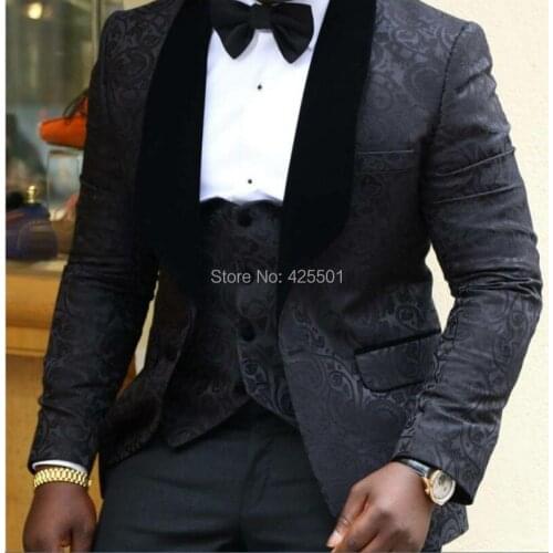 Jacket+Vest+Pants) 2020 New arrival Bridegroom Mens Suit Black Floral 3 Pieces Slim Fit Suit Prom Tuxedo Wedding Groomsman Suit