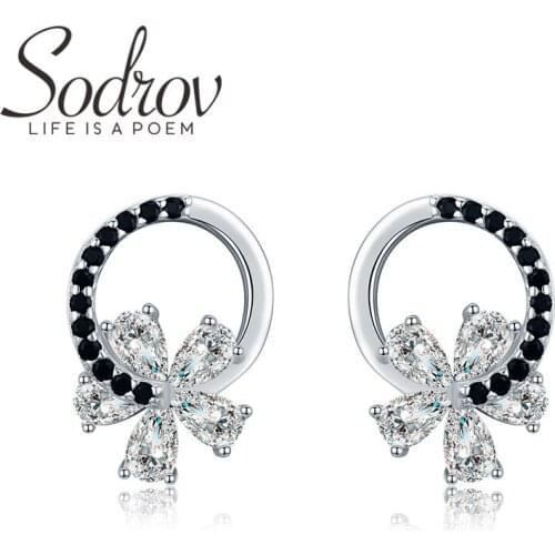 SODROV Genuine 925 Sterling Silver Jewelry Wedding Stud Earrings for Women Flower Female Earrings I001